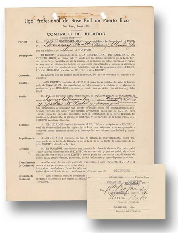 Autographs Baseball - 1944-45 Tom Butts Negro League Signed Baseball Contract