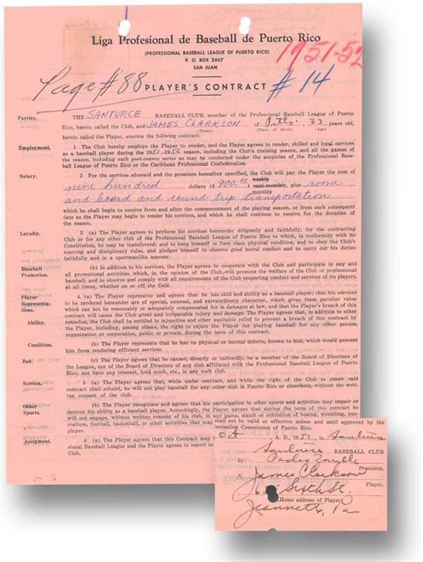 Autographs Baseball - 1951-52 James Clarkson Negro League Signed Baseball Contract