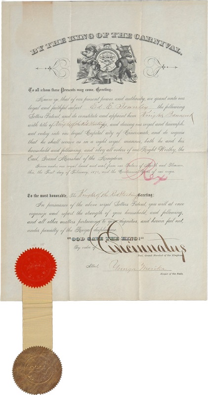 Baseball Memorabilia - 1876 Knights Of The (Cincinnati) Red Stockings Proclamation