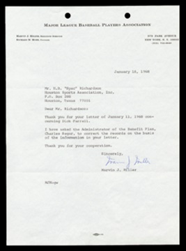 Baseball Autographs - 1968 Marvin Miller Letter