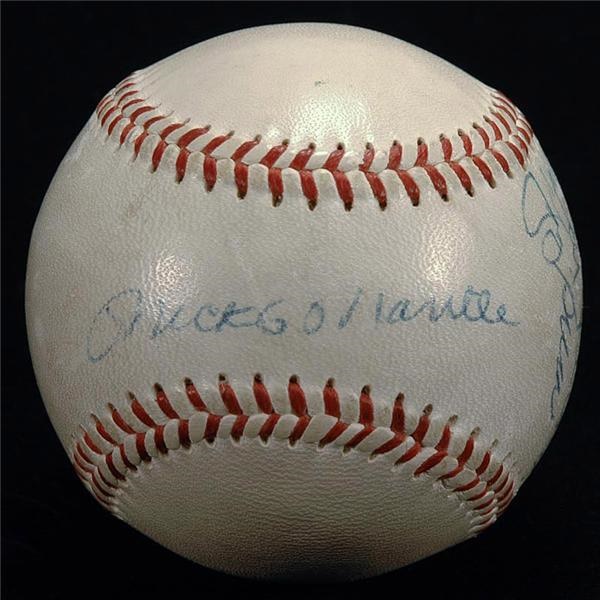 Autographs Baseball - 1956 Yankees Vintage Mickey Mantle Signed Baseball With Larsen and Berra