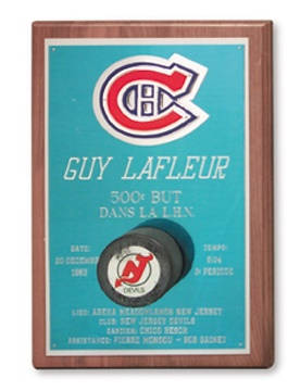 Guy Lafleur - 1983 500th NHL Goal Puck Plaque Presented to Guy Lafleur (15x10")