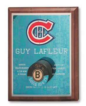 Guy Lafleur - 1975 50th Goal Puck Plaque Presented to Guy Lafleur (10x12")