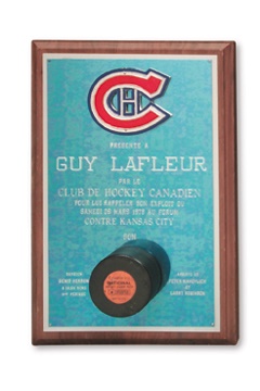 Guy Lafleur - 1975 Record 51st Goal Puck Plaque Presented to Guy Lafleur (10x15")
