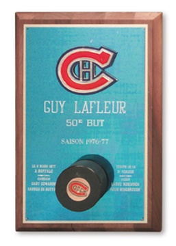 Guy Lafleur - 1977 50th Goal Puck Plaque Presented to Guy Lafleur (15x10")