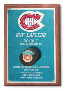 - 1978 50th Goal Puck Plaque Presented to Guy Lafleur (10x15")