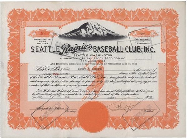 Baseball Memorabilia - 1939 Seattle Rainiers PCL Baseball Stock Certificate
