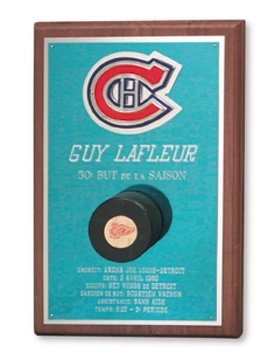 - 1980 50th Goal Puck Plaque Presented to Guy Lafleur (10x15")