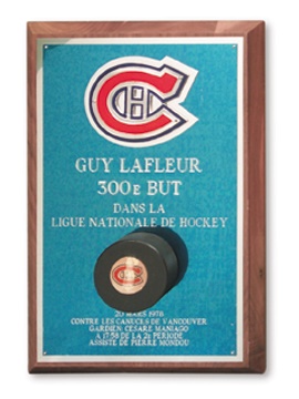 Guy Lafleur - 1978 300th NHL Goal Puck Plaque Presented to Guy Lafleur (10x15")