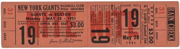 Baseball Memorabilia - 1951 Willie Mays 1st Home Run Full Ticket
