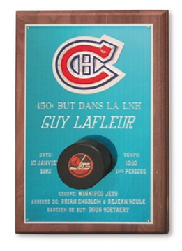 Guy Lafleur - 1982 450th NHL Goal Puck Plaque Presented toGuy Lafleur (10x15")