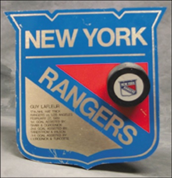 - 1989 Guy Lafleur 17th NHL Hat Trick Goal Puck Plaque  (10x12")