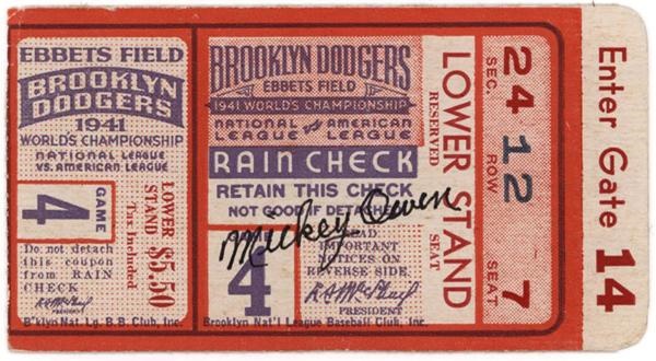 Autographs Baseball - Mickey Owen Signed 1941 World Series Game 4 Ticket Stub / Owen Passed Ball