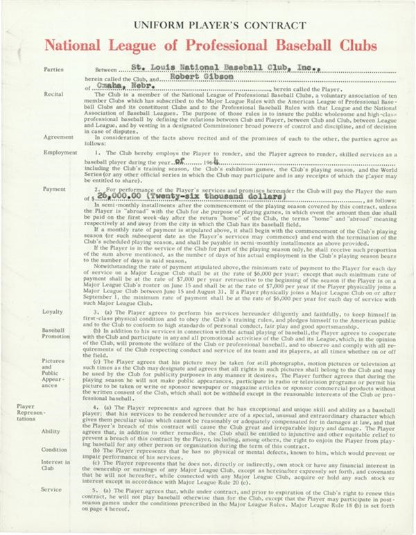 St. Louis Cardinals - 1964 Bob Gibson Signed Player's Contract