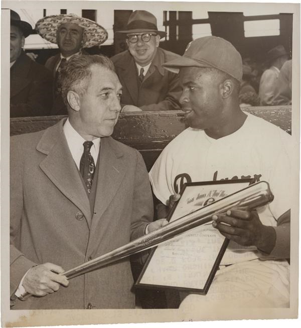 San Francisco Examiner Photo Collection - Sports - 1949 Jackie Robinson Awarded Silver Baseball Bat by Ford Frick Wire Photo