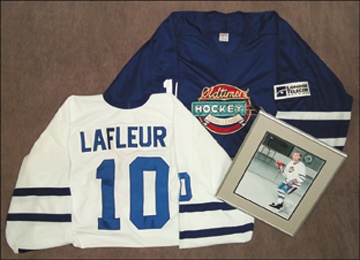 Guy Lafleur - Collection of Two Game Worn Old-timers Jerseys with Artwork (3)