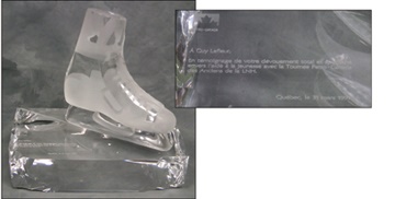 - 1991 Acrylic Skate Trophy Presented to Guy Lafleur (15x16")