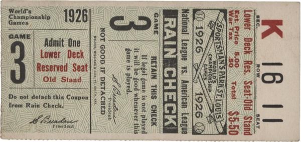 - 1926 Baseball World Series Game 3 Ticket Stub