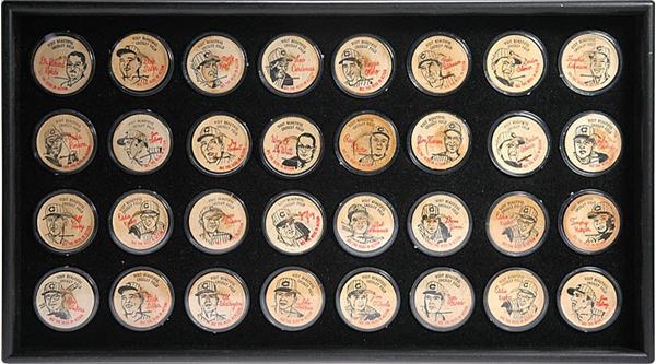 Large Collection of 1963 French Bauer Cincinnati Reds Milk Caps (64) with Original Display Sheet