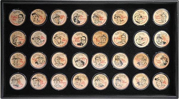 Baseball and Trading Cards - Large Collection of 1963 French Bauer Cincinnati Reds Milk Caps (64) with Original Display Sheet