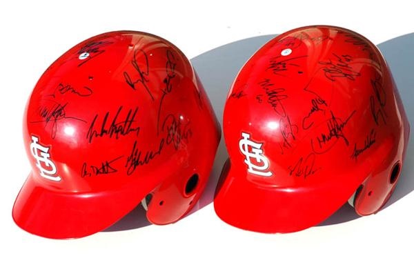 Circa 2000 St Louis Cardinals Team Signed Batting Helmets (2)