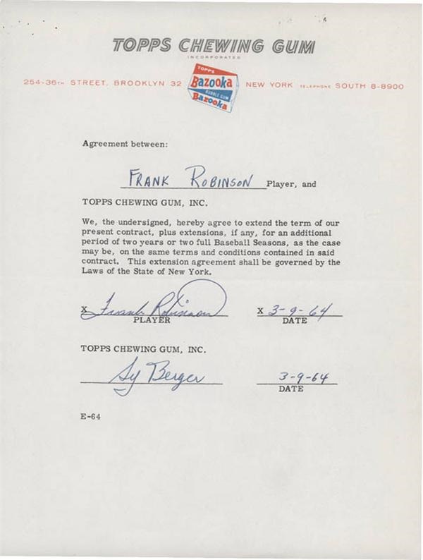 1964 Frank Robinson Signed Topps Baseball Card Contract