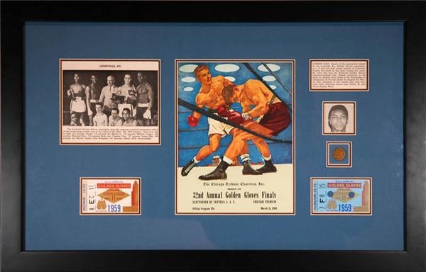 - 1959 Cassius Clay Golden Gloves Display with Two Original Tickets and Pin