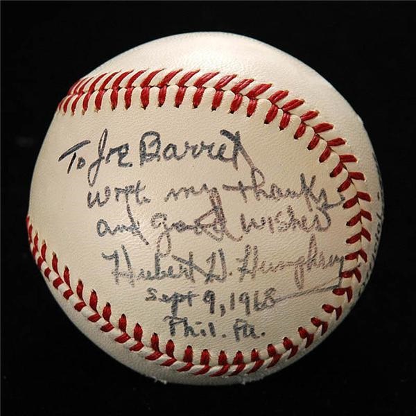 Rock And Pop Culture - 1968 Hubert Humphrey Single Signed Baseball