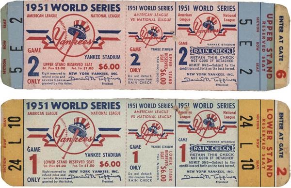 NY Yankees, Giants & Mets - 1951 World Series Game 1 and 2 Yankees Full Tickets