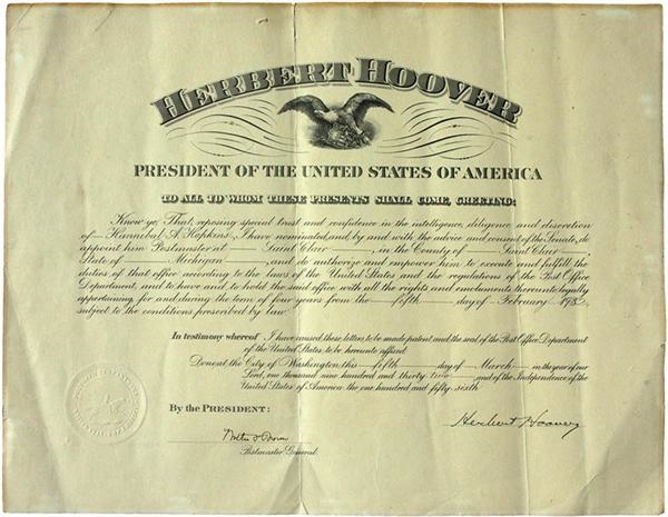 Rock And Pop Culture - Herbert Hoover Signed Presidential Appointment Certificate
