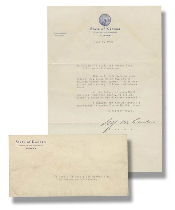 1936 Letter To Dr. James Naismith From The Governor of Kansas