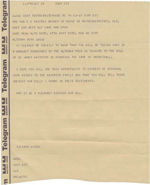 The Dr. James Naismith Collection - 1974 Telegram From Richard Nixon to the Naismith Family