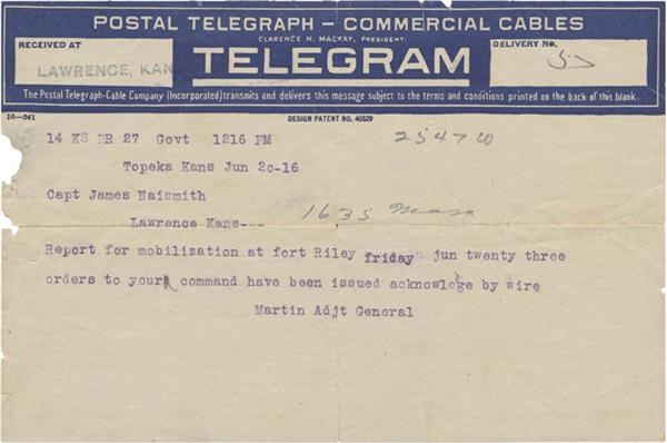 1916 Telegram To Capt. James Naismith Regarding Mobilization at Ft. Riley