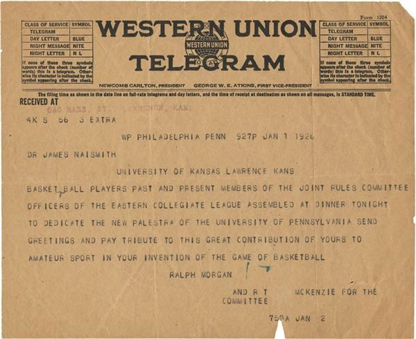 The Dr. James Naismith Collection - 1926 Telegram To James Naismith From The Basketball Joint Rules Committee