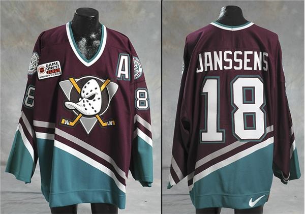 Hockey Equipment - 1997-98 Mark Janssens Game Worn Anaheim Mighty Duck Game One Japan Jersey