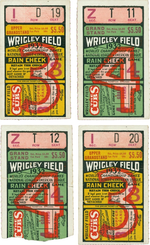- Collection of four 1932 World Series Ticket Stubs Including 2 From Babe Ruth’s Called Shot