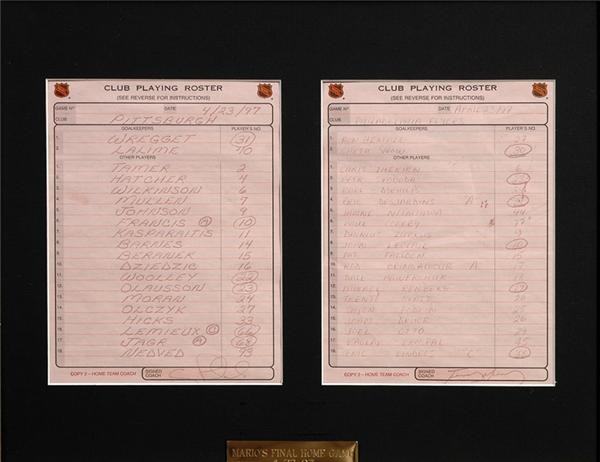 - Lineup Card from Mario Lemieux’s Last Home Game 
in Pittsburgh - First Retirement  On April 23, 1997