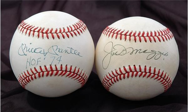 Baseball Autographs - Mickey Mantle “HOF 74” Single Signed Baseball 
and Single Signed Joe Dimaggio