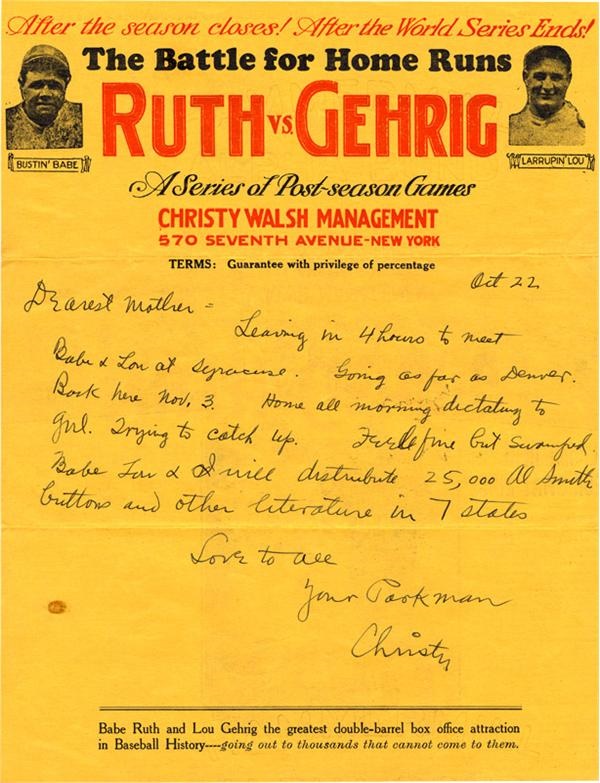 Ruth and Gehrig - 1927 Christy Walsh Letter on Bustin' Babe's Larrupin' Lou's Stationery