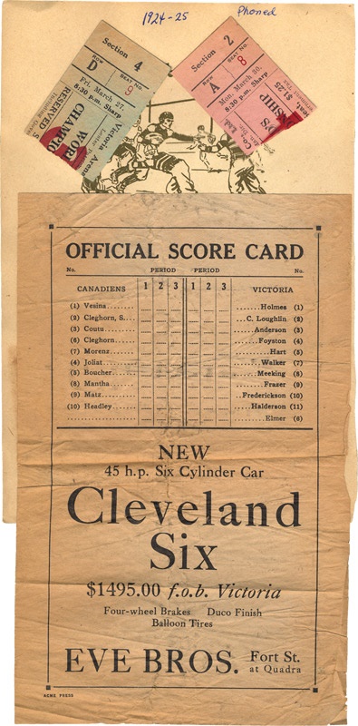 - Two Ticket Stubs and Scorecard from 1925 Stanley Cup Finals