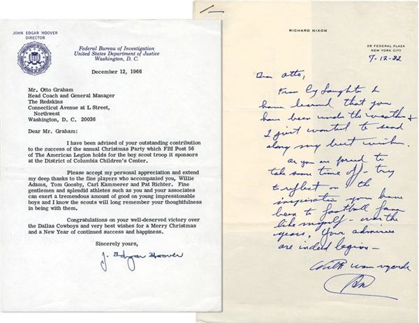 Football - Signed Letters To Otto Graham From Richard Nixon and J. Edgar Hoover (3)
