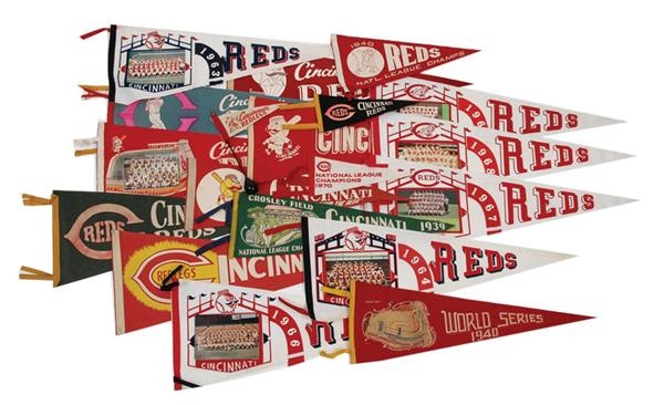 Joseph Scudese Collection - 67 Assorted Cincinnati Reds Pennants from 1939 to the 1990's