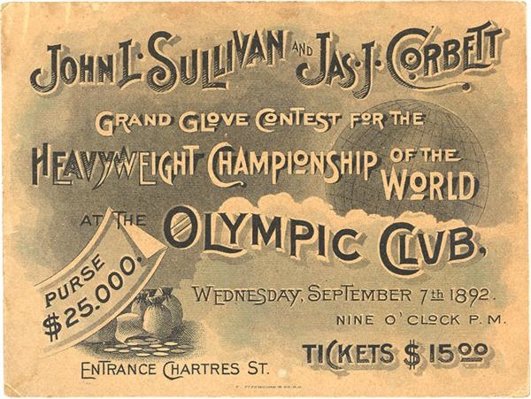 Jim Jacobs Collection - 1892 John L. Sullivan vs. James J. Corbett Full Ticket