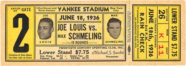 Jim Jacobs Collection - 1936 Joe Louis vs. Max Schmeling I Full Ticket