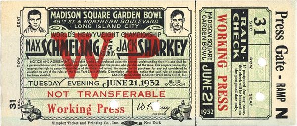 Jim Jacobs Collection - 1932 Max Schmeling vs. Jack Sharkey Full Ticket