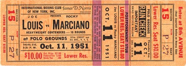 Jim Jacobs Collection - 1951 Joe Louis vs. Rocky Marciano Full Ticket