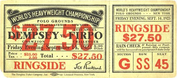 1923 Jack Dempsey vs. Luis Firpo Full Ticket