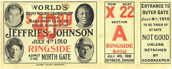 Jim Jacobs Collection - 1910 Jack Johnson vs. James Jeffries Full Ticket