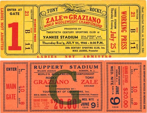 Jim Jacobs Collection - Rocky Graziano vs. Tony Zale Full Tickets (2)