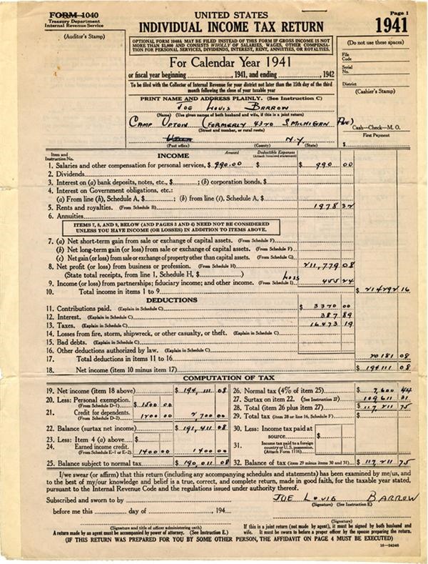 - Joe Louis Tax Collection Including His Return and Signed Letter to the IRS